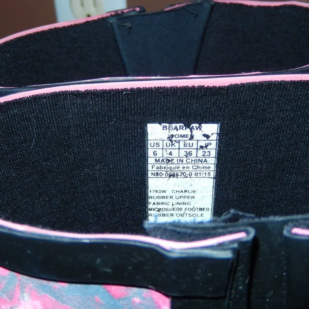 BearPaw Rain Boots Charlie Pink Gray Black Rubber Pull On Strap Buckle 6